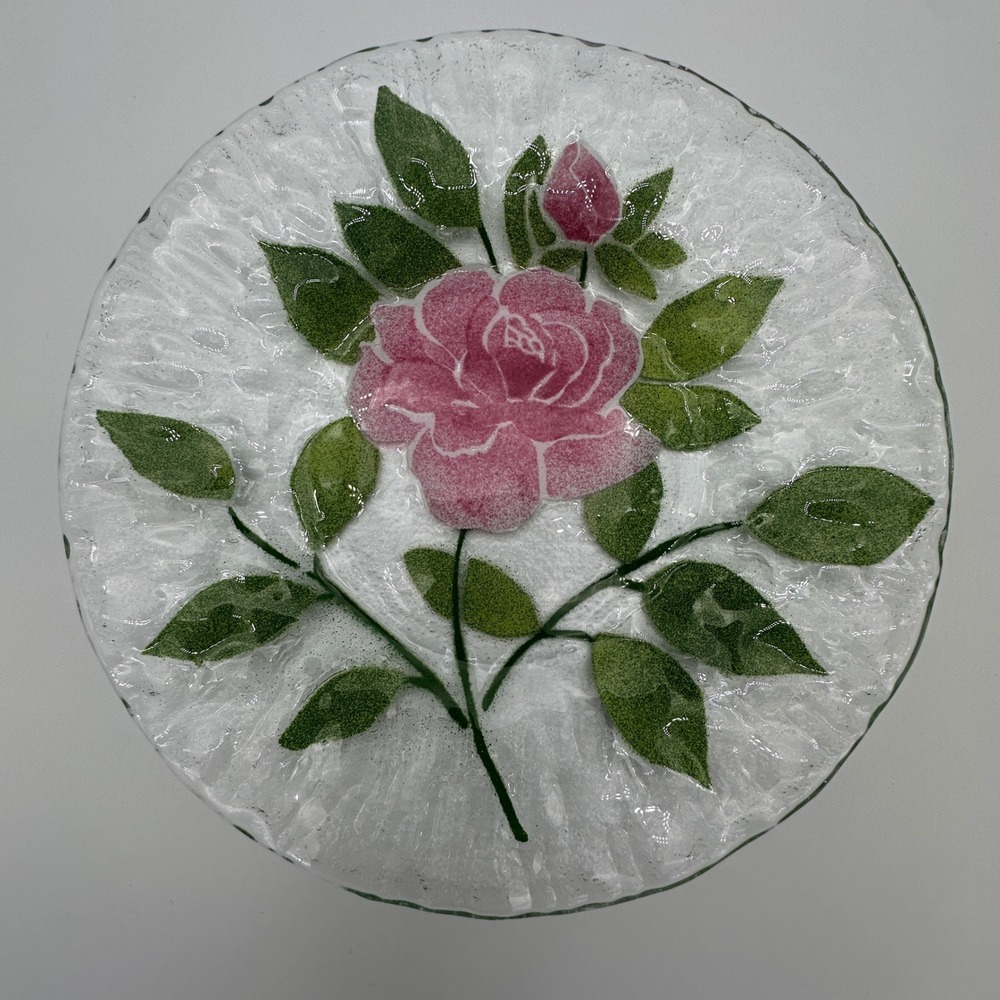 Sydenstricker Fused Glass Pink Rose Plates Set of 4 Signed Syd Cape Cod 8.25in - Picture 3 of 12